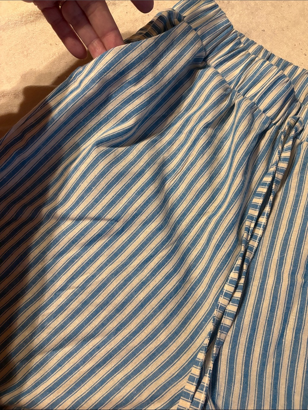 Trendy pull on blue and white stripe pant